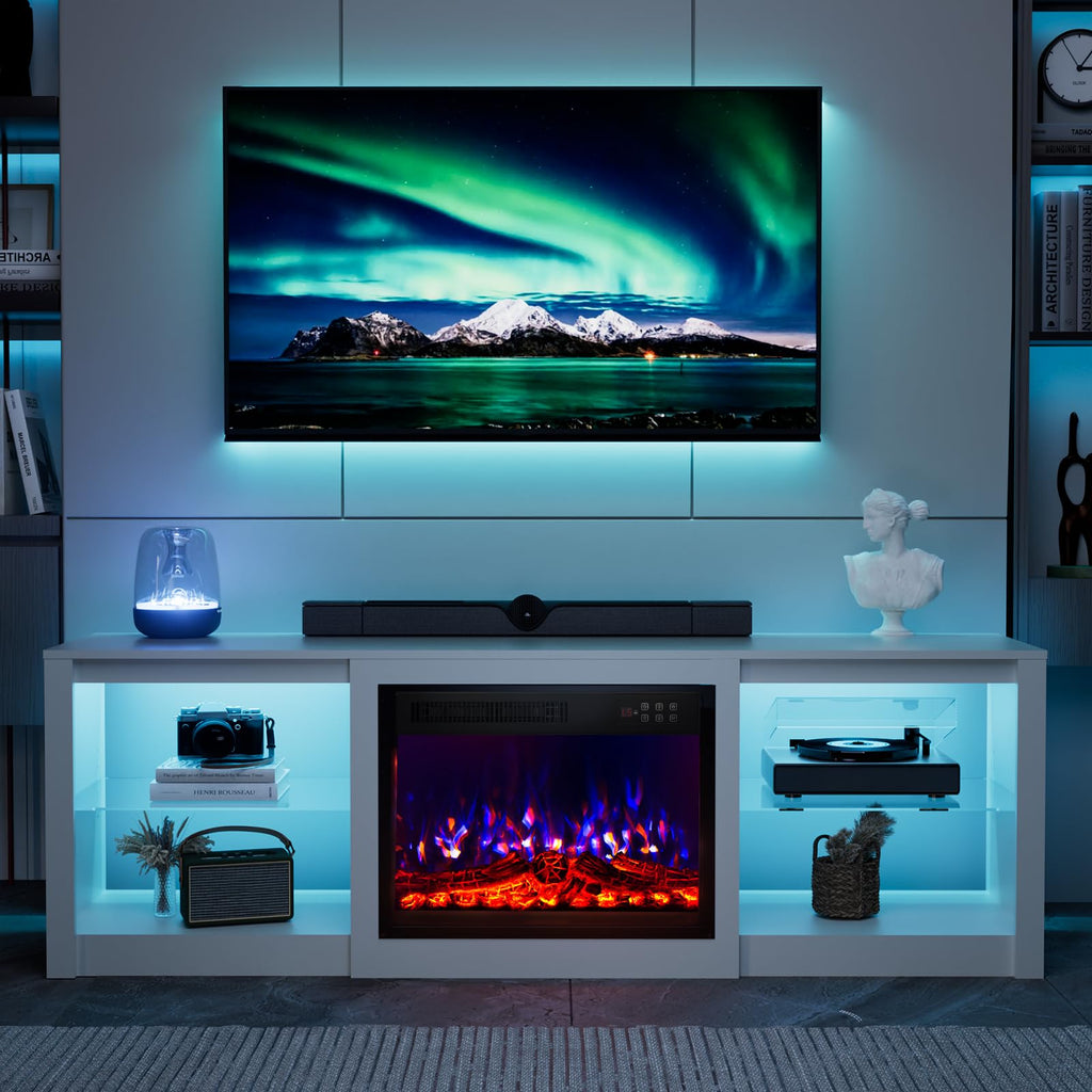 Fireplace TV Stand, 70 inch TV Stand with 23" Electric Fireplace, LED Light Entertainment Center, TV Console with