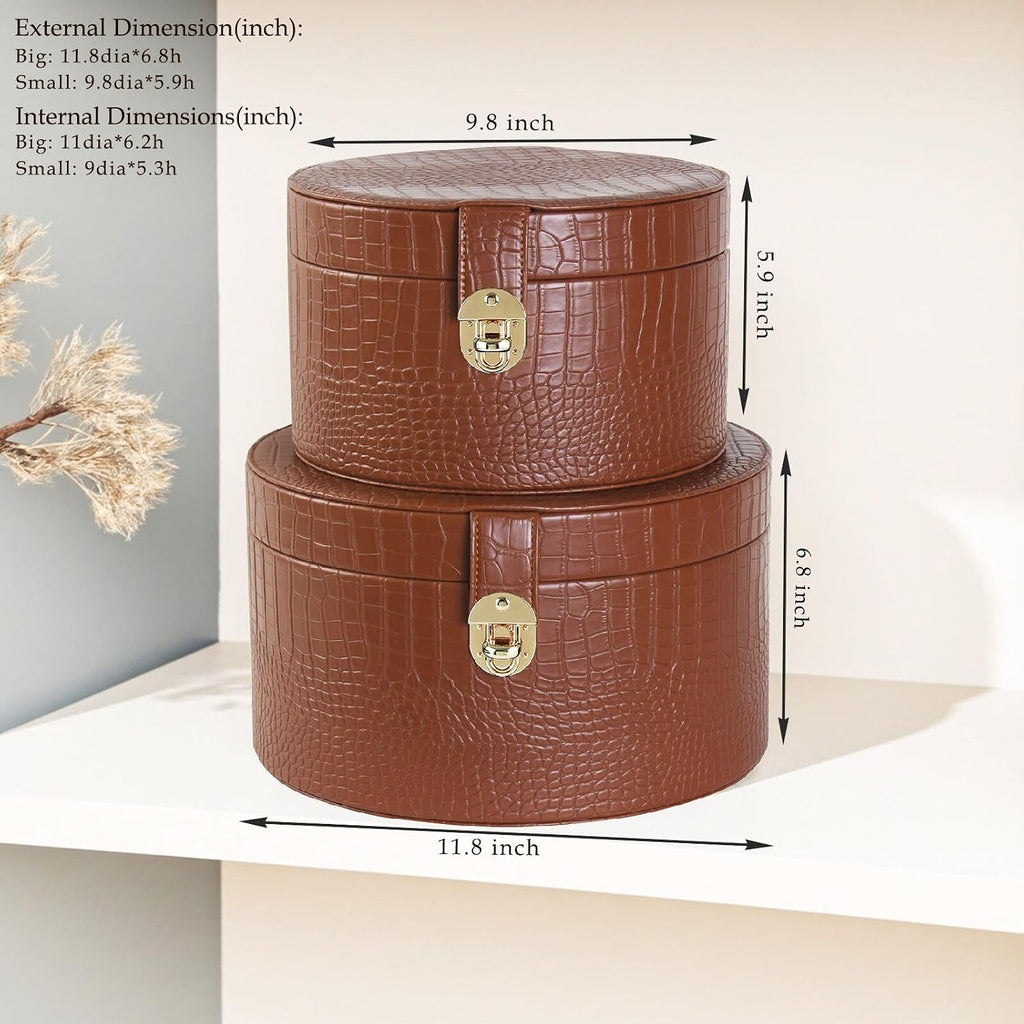 Large Leather Decorative Boxes Round Hat Box Bin Basket with Lid for Shelf Coffee Table Storage Remotes - Set of 2