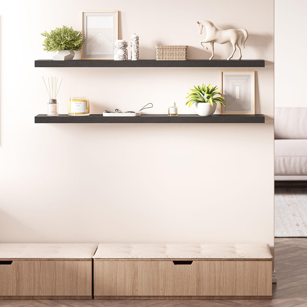 Floating Shelves for Wall, 55 inch 2-Tier Black Shelf, Invisible Brackets, Wood Wall Shelf Organizer, Clearing Clutter