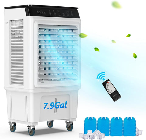 7.9Gal Portable Swamp Cooler, 2300CFM Evaporative Air Cooler with Auto Oscillating, Remote, 3 Speeds