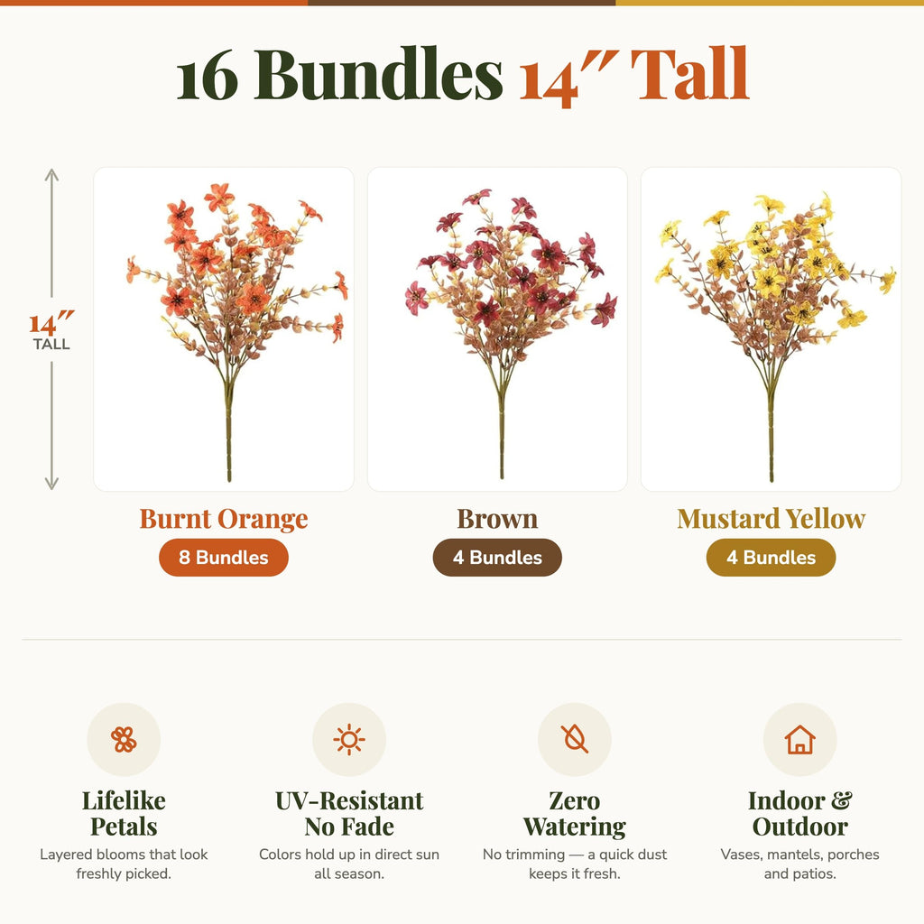 Artificial Fall Flowers Outdoor Fake Mums Brown Orange Yellow