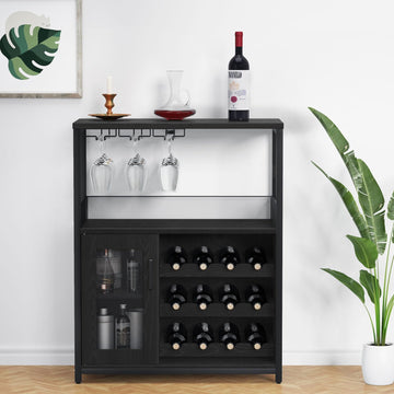 Coffee Wine Bar Cabinet with Storage and Detachable Rack | Farmhouse Sideboard and Buffet Cabinet with Glass Holder