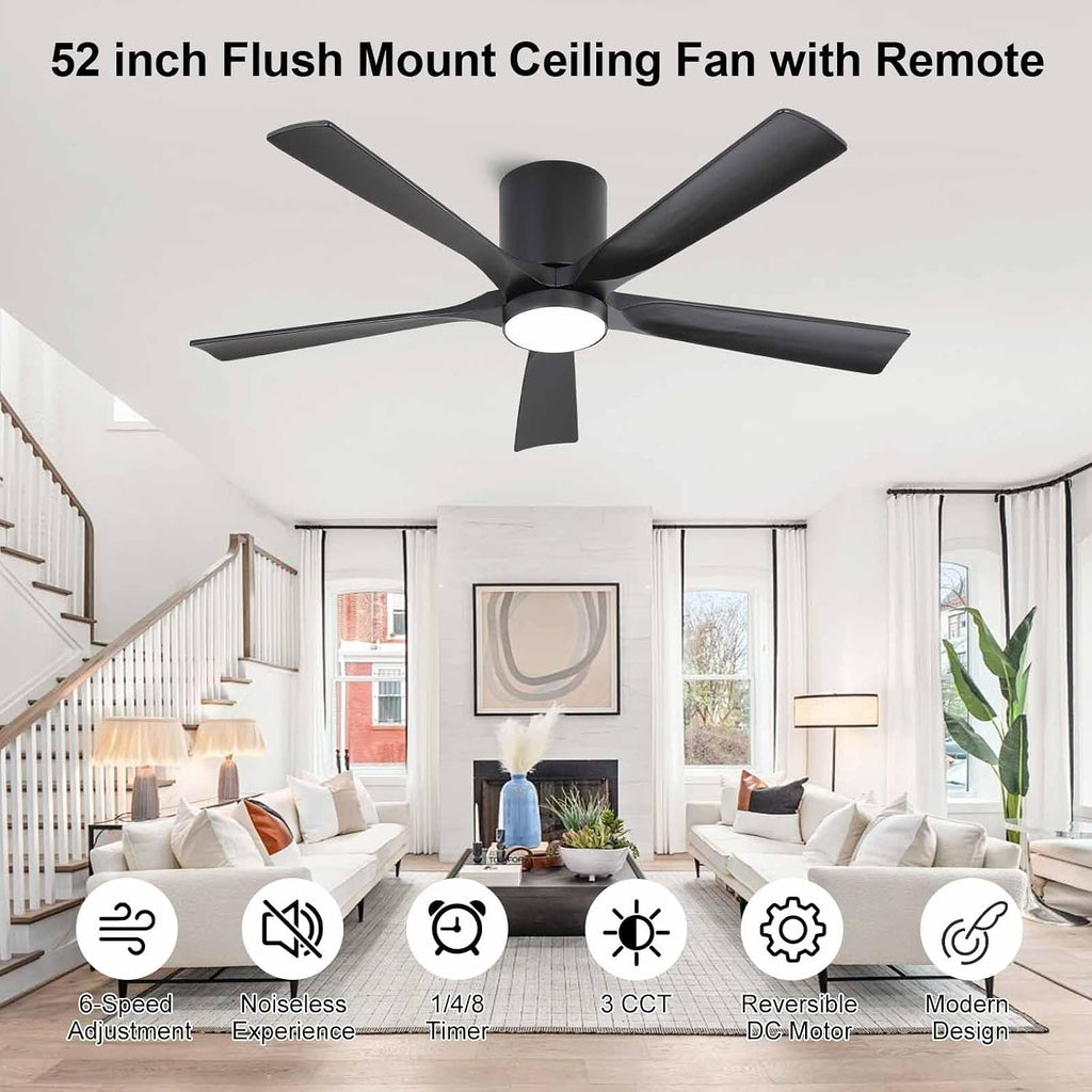 52 Inch Flush Mount Ceiling Fan with Lights, Low Profile Modern Ceiling Fan with Remote, Quiet DC Motor, 6-Speed