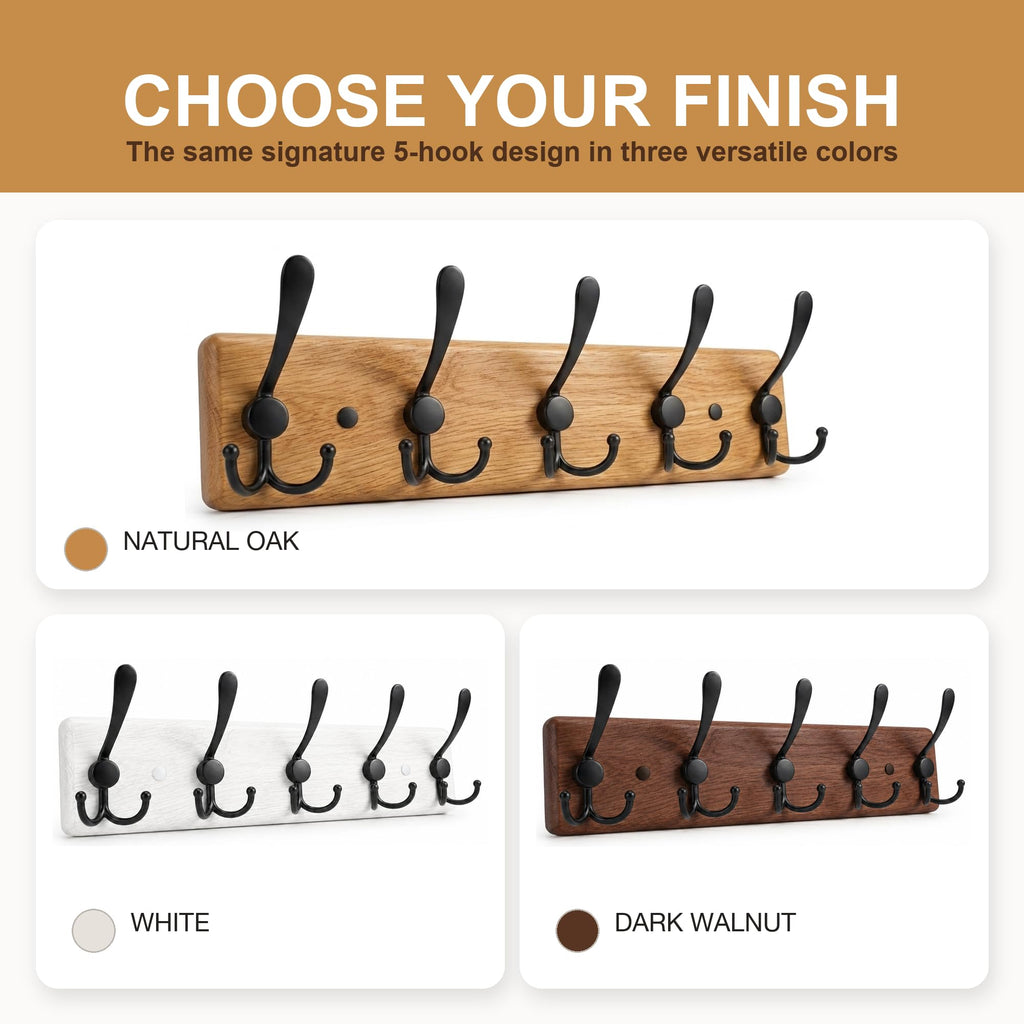 Solid Oak Rustic Coat Rack Wall Mount with 5 Hooks, 17 Inch