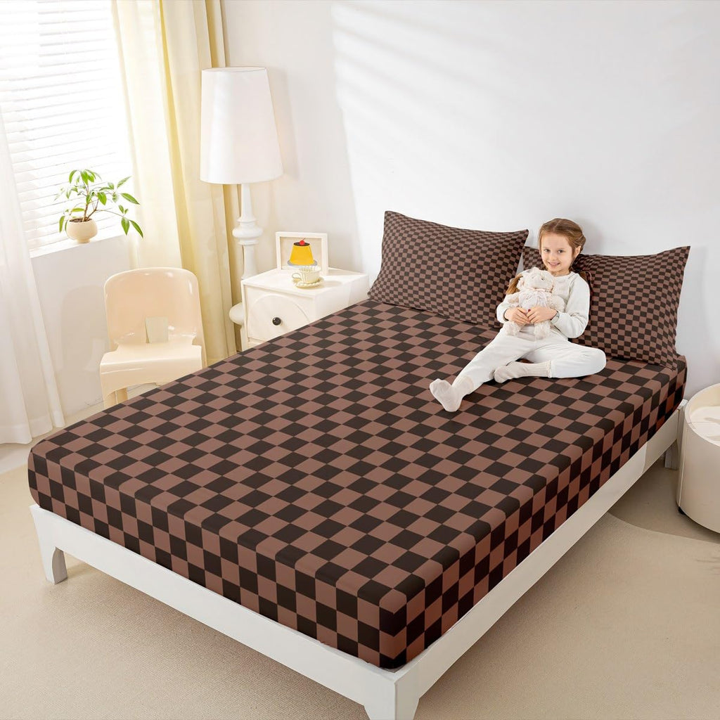Chocolate Checkerboard Fitted Sheet Set with 2 Pillowcase, Brown Squares Buffalo Checkered Grids Microfiber Mattress