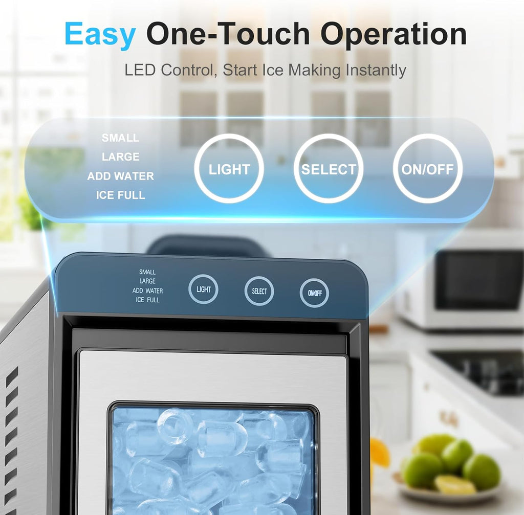 Countertop Ice Maker, 8 Bullet Cubes in 6 Mins, 26.5lbs in 24Hrs, 2 Ice Sizes, Self-Cleaning Portable Ice Maker