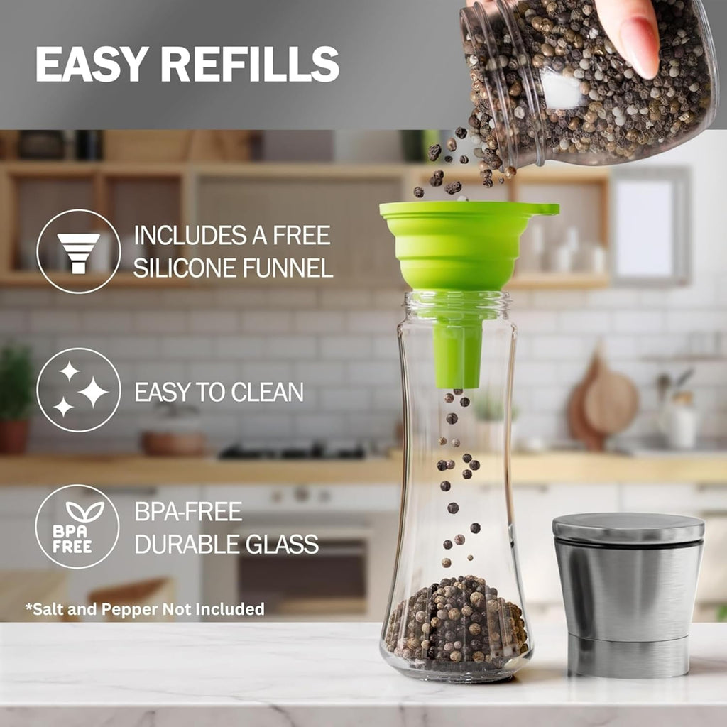 Premium Stainless Steel Sea Salt and Pepper Grinder - Adjustable Ceramic - Tall Glass Salt and Pepper - Set of 2