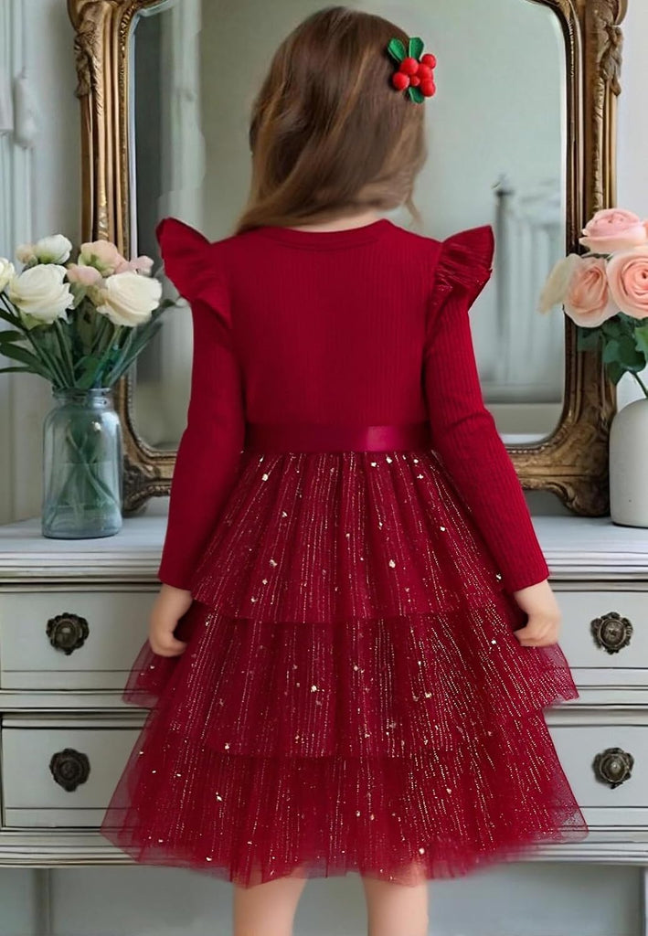 Toddler Dress Girls Ruffle Long Sleeve Layered Tulle Dress Fall Spring Fashion Party Dresses