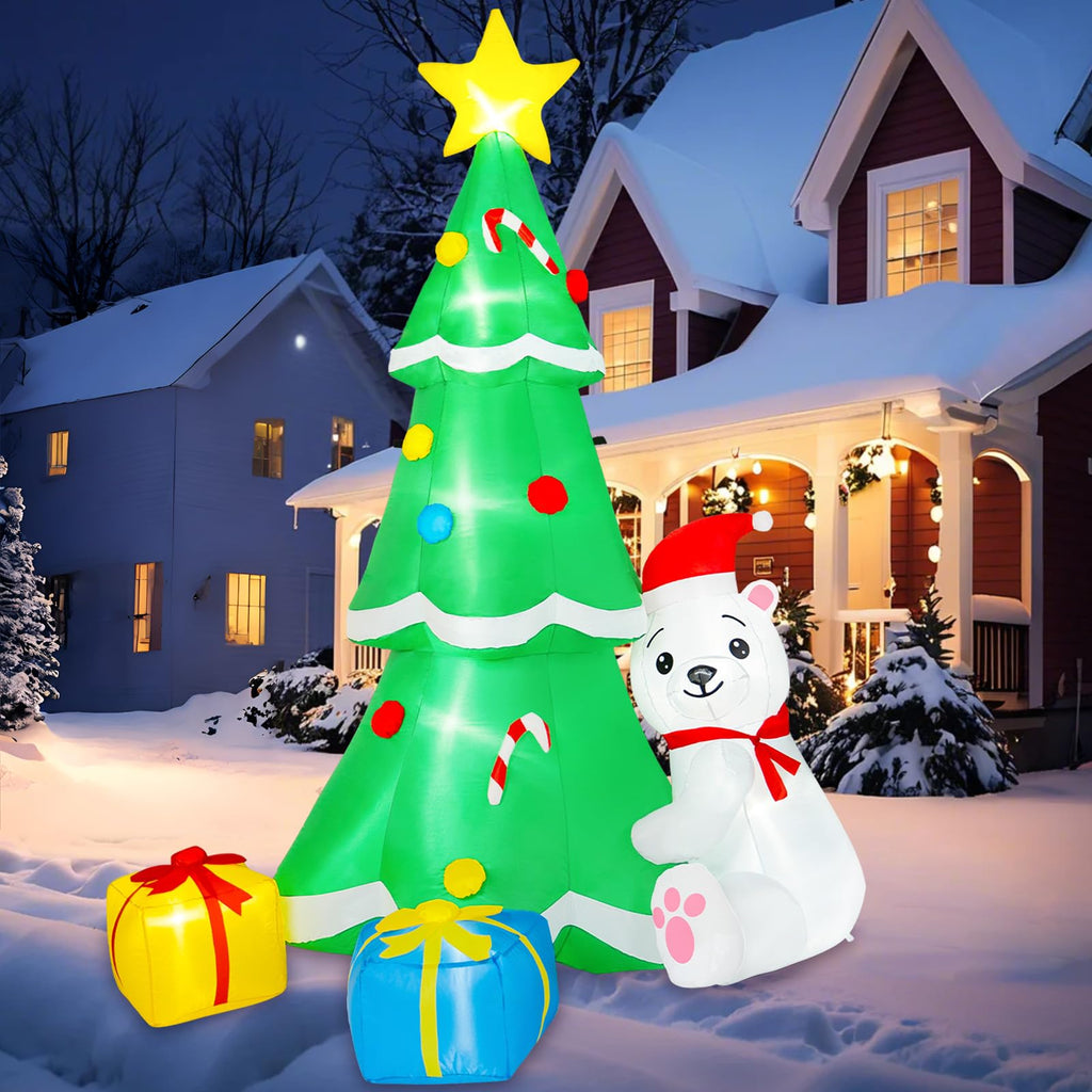 8FT Inflatable Tree Christmas Decorations Outdoor, Xmas Inflatables Polar Bear Holding Christmas Tree Built-in LEDs
