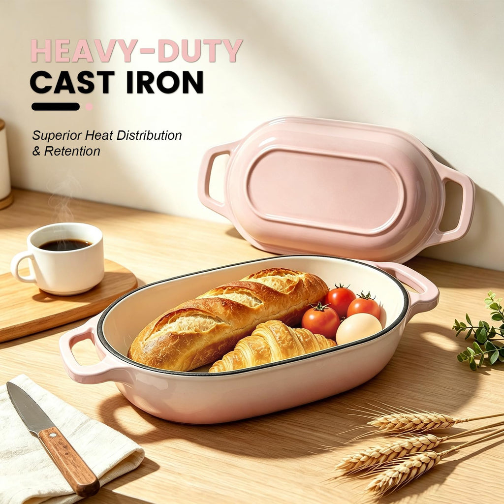 Oval Cast Iron Dutch Oven, Sourdough Bread Baking Pan with Lid, Pink