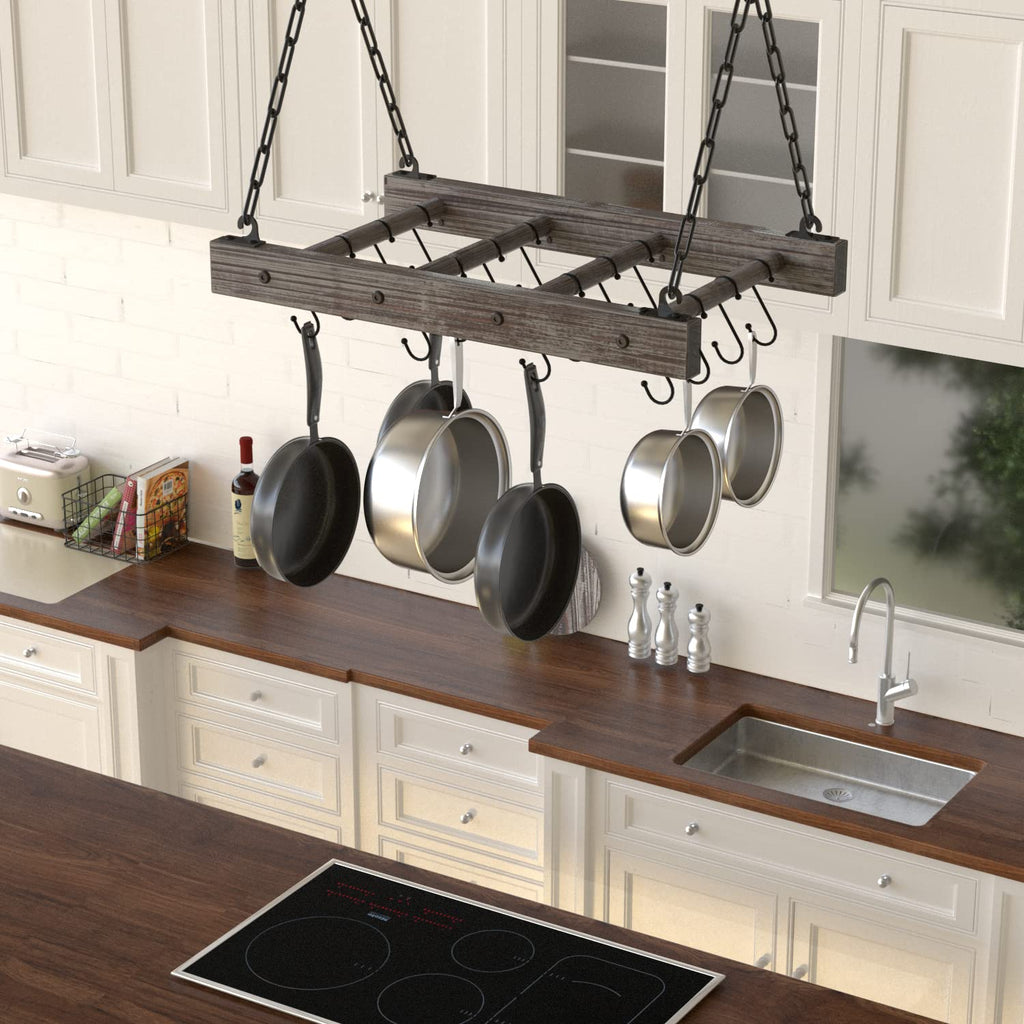 Hanging Pot Rack Pan Ceiling Wall Mounted Hanger Multi- Purpose Rustic Wood and Metal Cookware Kitchen Storage