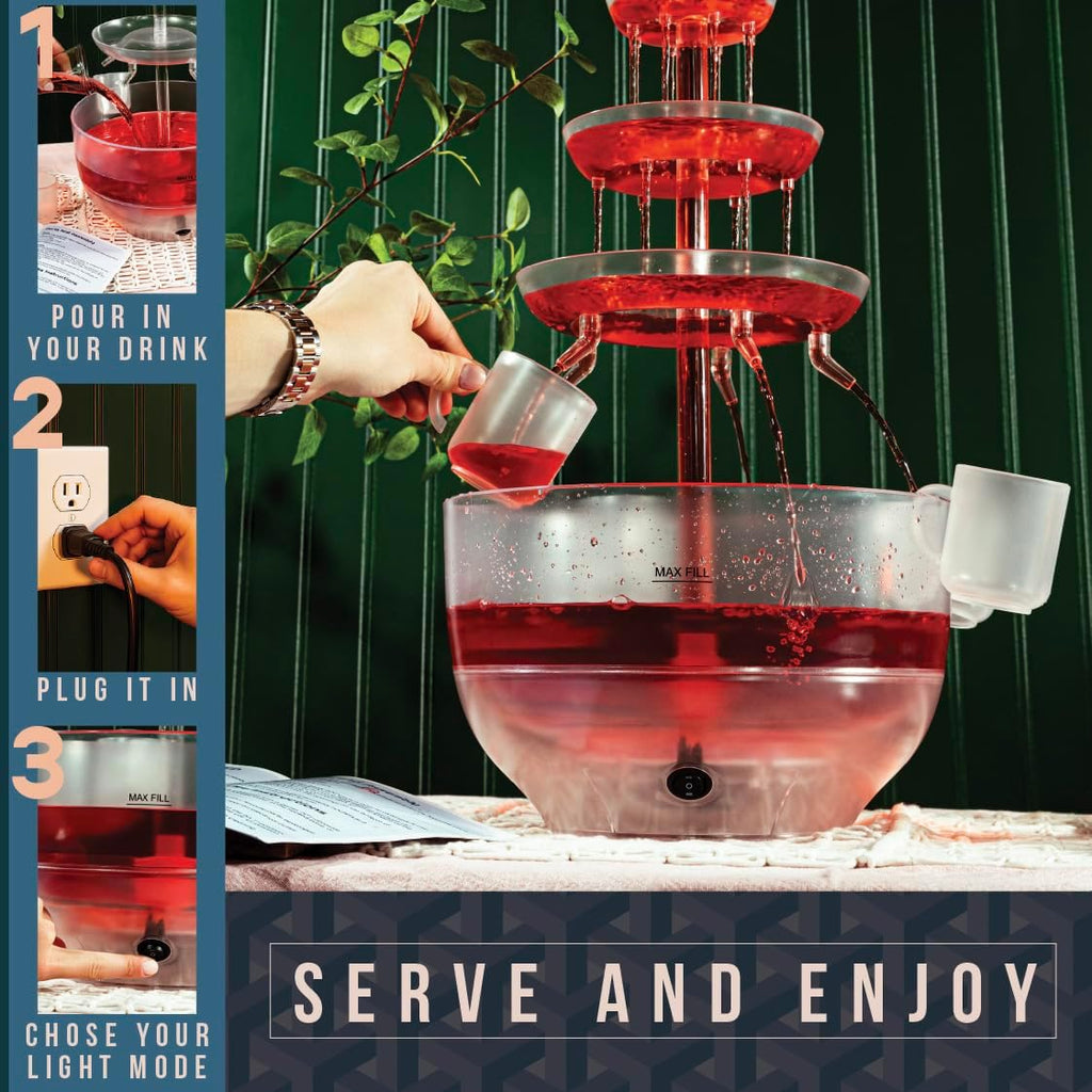 Drink Fountain for Parties - 1.5 Gal, 3 Tier Punch Bowl Drink Tower, LED Base, 6 Reusable Cups - Drink Dispenser - Set of 6