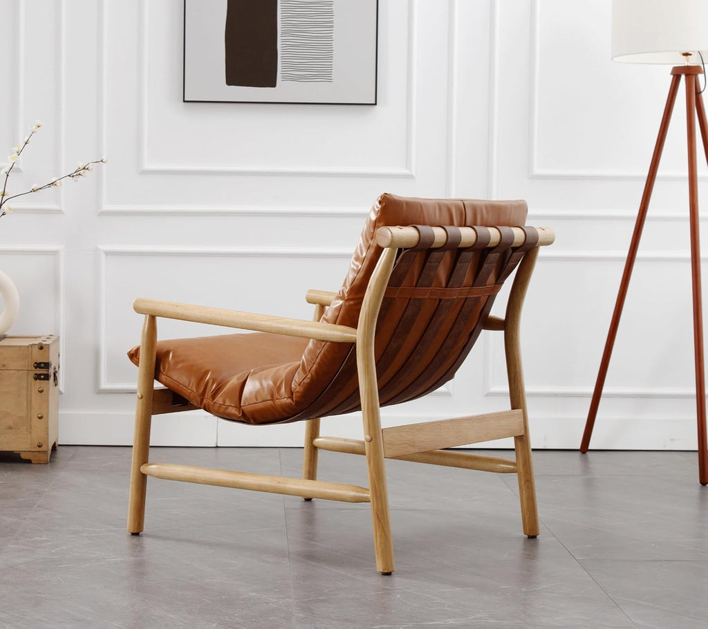 Faux Leather Accent Chair Mid Century Modern Living Room Chairs Comfy Arm Chair with Solid Wood Frame Upholstered