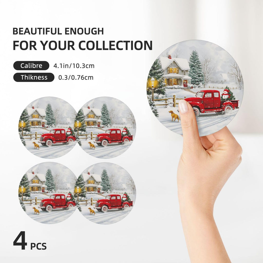 Winter Red Truck Coasters for Drinks Christmas Tree Candy Snowflake Absorbent Ceramic Coasters Set of 4 for Coffee