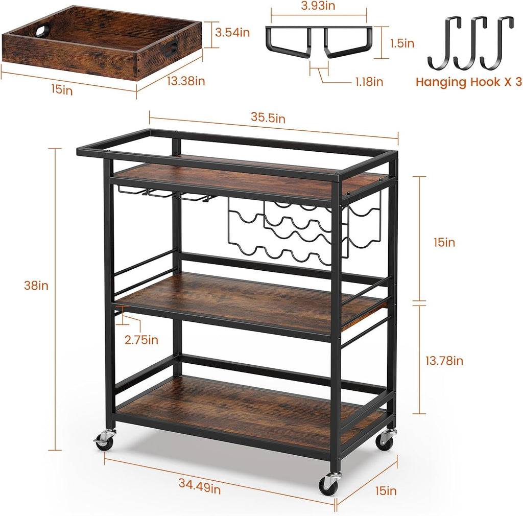 Bar Cart , 3 Tier Rolling Serving Carts with Wheels | Drink Cart, Liquor Stand with Removable Tray, Wine Rack and