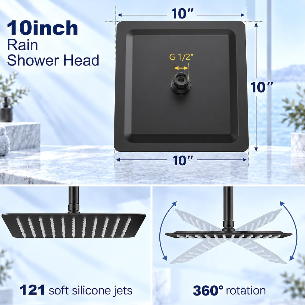 10x10 Inch Matte Black Rain Shower Head, 304 Stainless Steel Square High Pressure Rainfall Shower Head, Ultra Thin