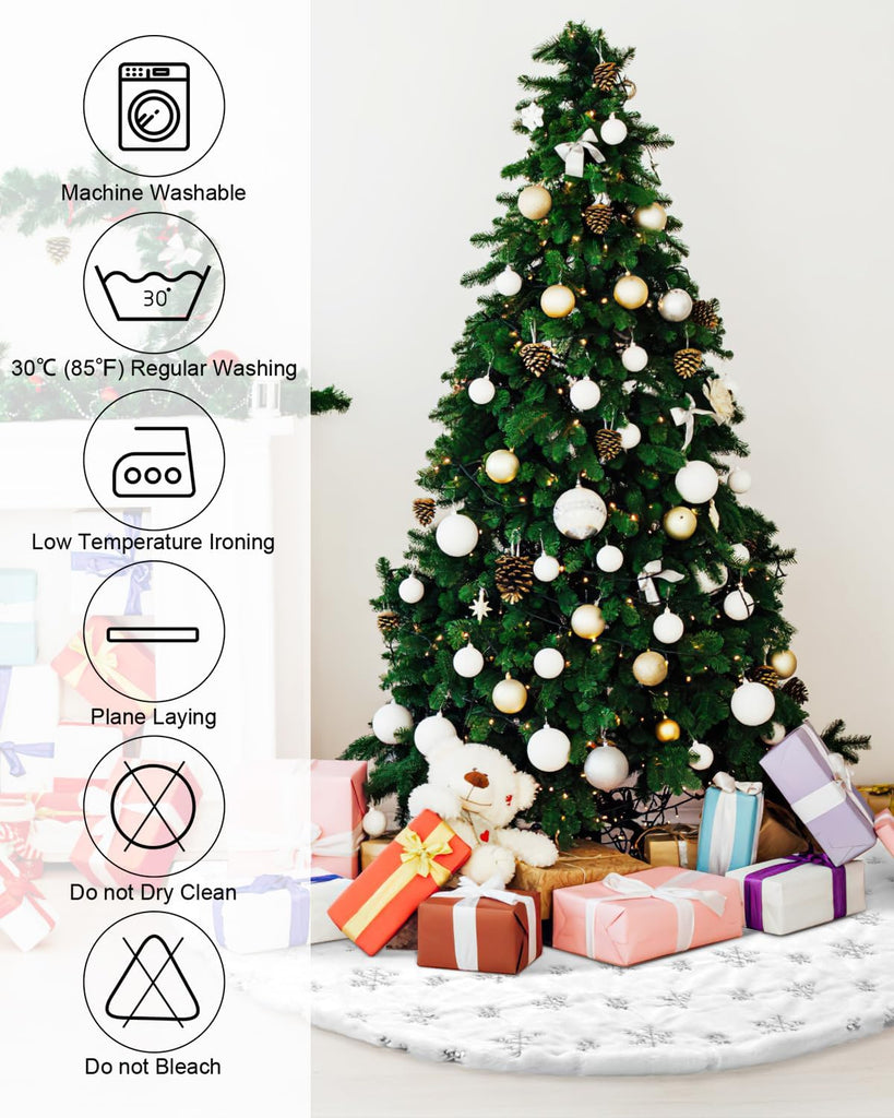 48 Inches Faux Fur Christmas Tree Skirt, Silver Sequin Snowflake
