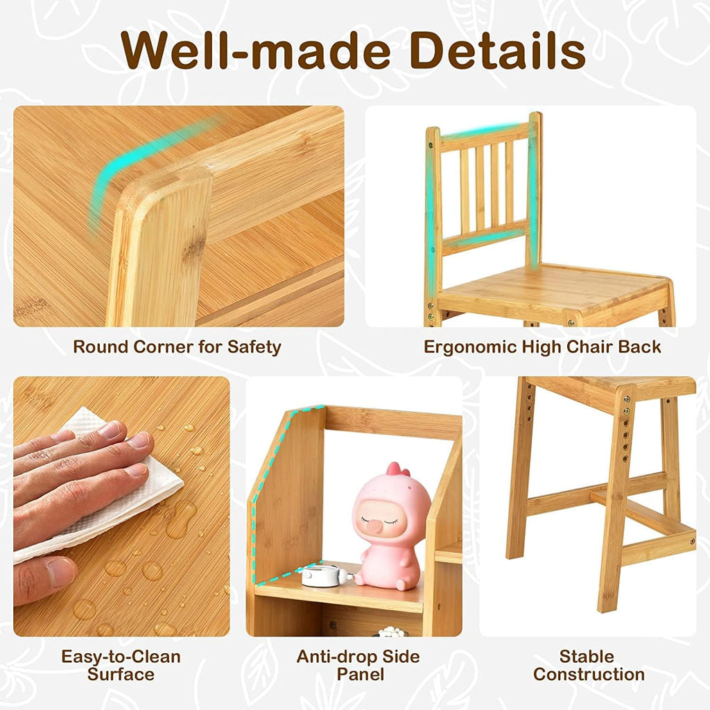 Kids Desk and Chair Set, Height Adjustable Bamboo Study Desk with Storage Hutch and Bookshelf, Wooden Writing Table