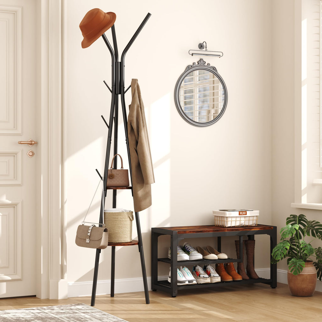 Coat Rack, Coat Hanger Stand with 2 Shelves, Freestanding Hall Tree, Metal Hat Hanger with 12 Hooks for Clothes Hats
