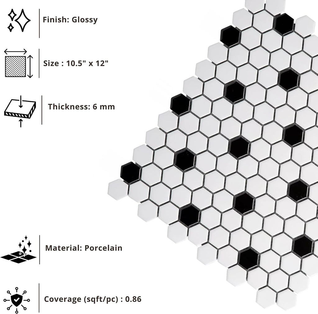 White and Black Hexagon Polished Porcelain Mosaic Tile - Classic Glossy Geometric Wall and Floor Tile , and