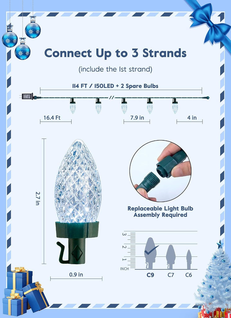 C9 Christmas Lights Outdoor, 114FT 150 LED Pure White Lights