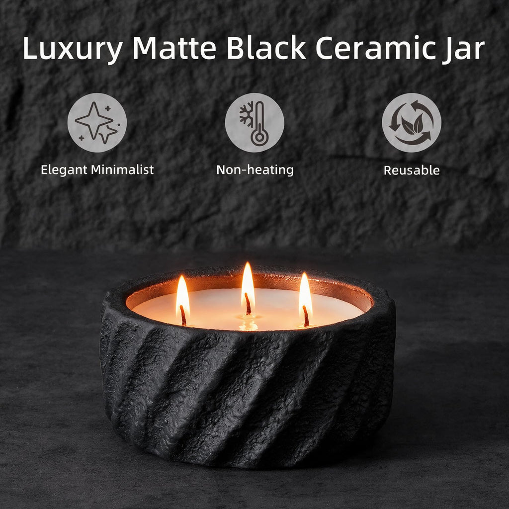 20oz Large Decorative Black Candle - Eucalyptus & Rosemary, 3 Wick Scented Soy Candle, Matte Ceramic Jar Perfect for