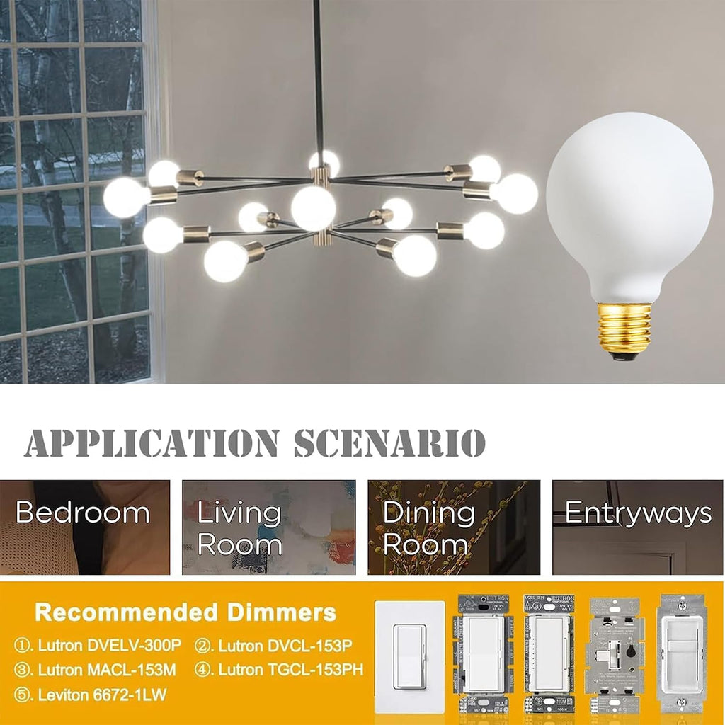 LED Light Bulb G30/G95 Dimmable Flick-Free Matt White 6W Daylight White 4000k CRI95 600LM, 60W Equivalent Vintage LED