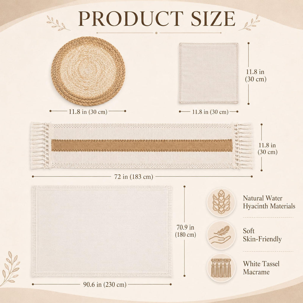 Boho Placemats Set of 8, 18 Pcs Table Set with Runner, Napkins, Tablecloth