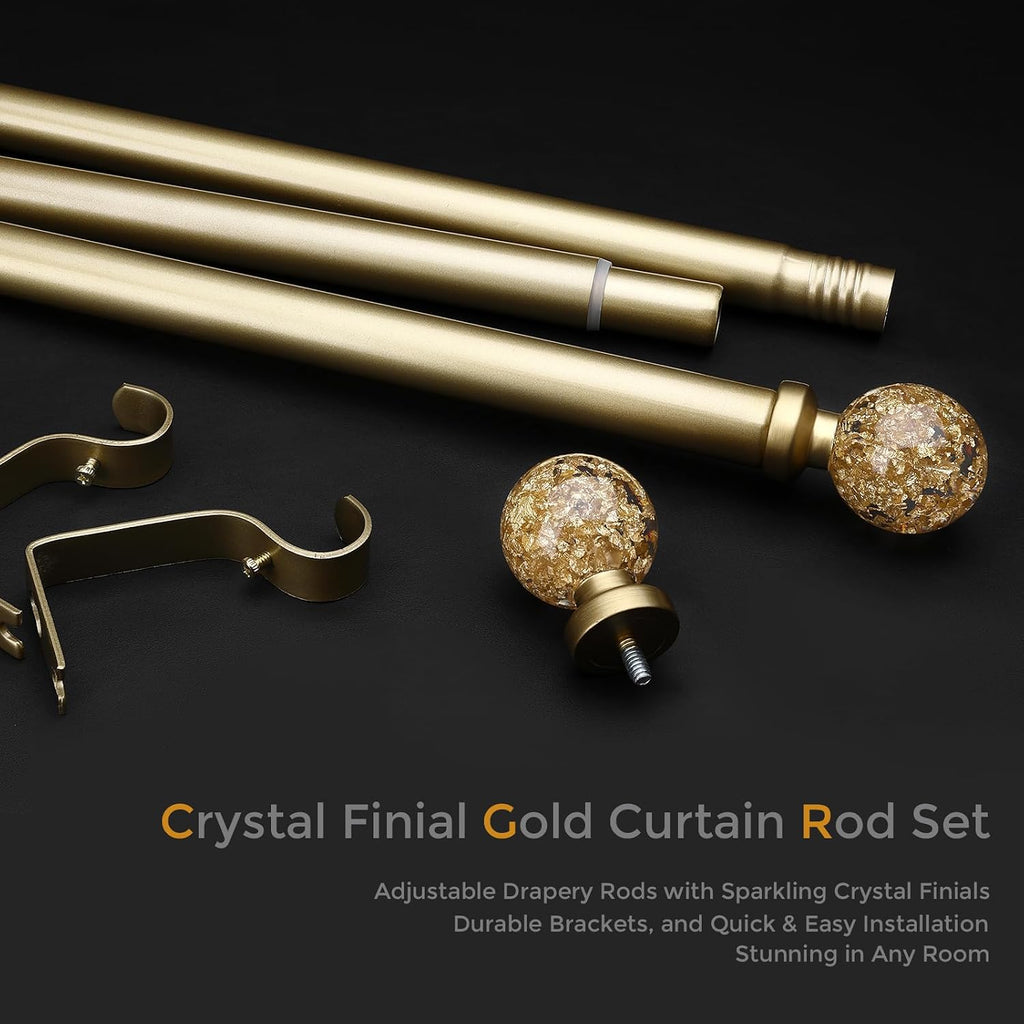 Gold Curtain Rods for Windows 28 to 48 Inch, 1'' Heavy Duty Adjustable Drapery Rod with Unique Crystal Ball Finials