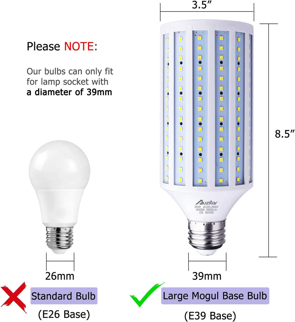 55W LED Corn Light Bulb (E39 Large Mogul Base) 5500Lm 6000K Cool White Daylight, for Metal Halide HID HPS Replacement