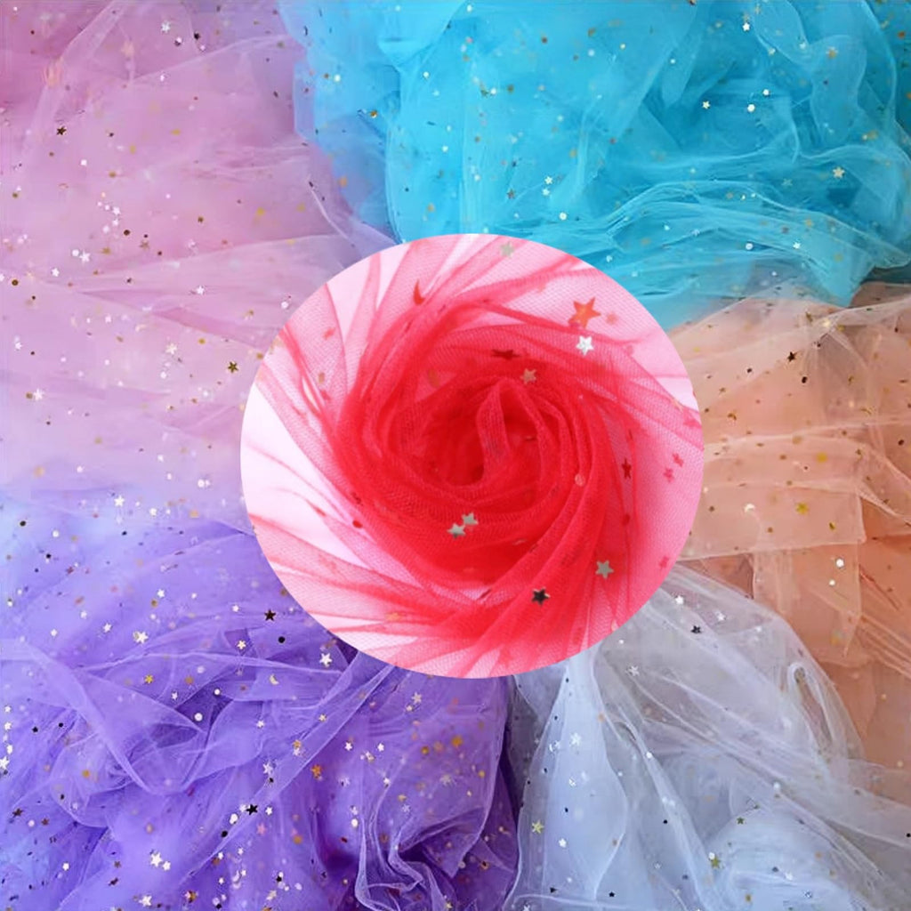 59" x 8 Yards Glitter Tulle Fabric Rolls Stars and Moon Sequin Tulle Fabric