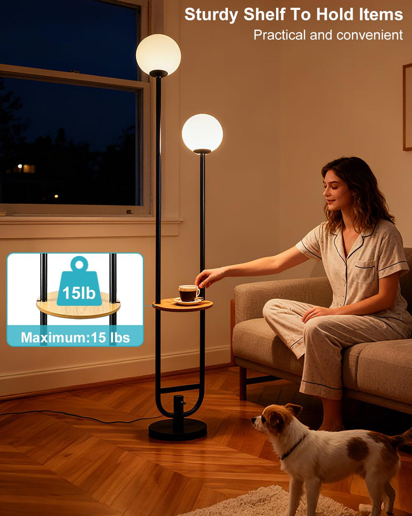 63IN 2-Globe Floor Lamp Dimmable Tall Standing Lamps with Table 3000K Warm White Unique Vintage Modern Mid Century
