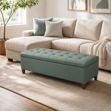 Ottoman with Storage, 51 Inch End of Bed Storage Bench, Faux Leather Upholstered Ottomans with Hinged Lid, Rectangle