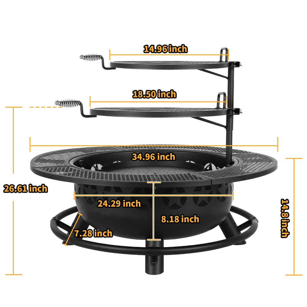 35 Inch Fire Pit with Cooking Grate and Charcoal Pan, Outdoor Wood Burning BBQ Grill Firepit Bowl with Cover Lid and