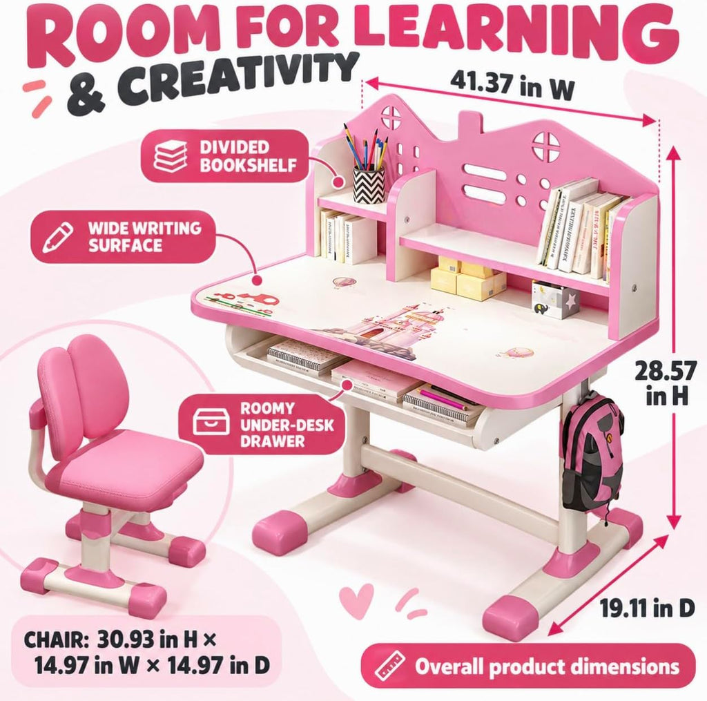 Kids Desk and Chair Set, Height Adjustable Kids Study Table for 6-12
