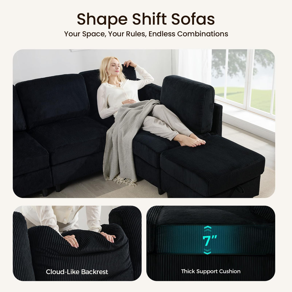 3 Seat 83'' Sofa Couch - Modular Sectional Small Couch with Storage Ottoman, Convertible L Shaped, Modern Reversible