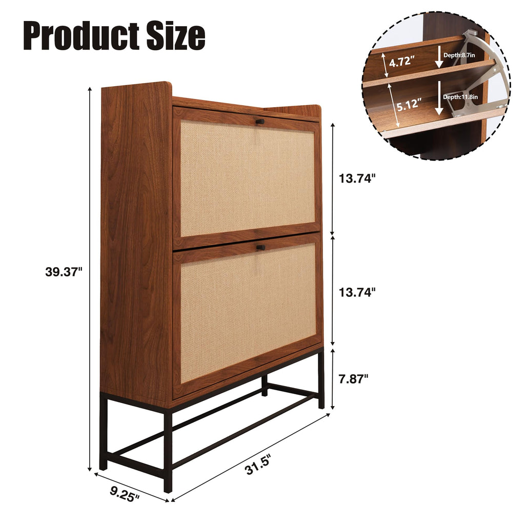Narrow Shoe Storage Cabinet with 2 Flip Drawers, Walnut