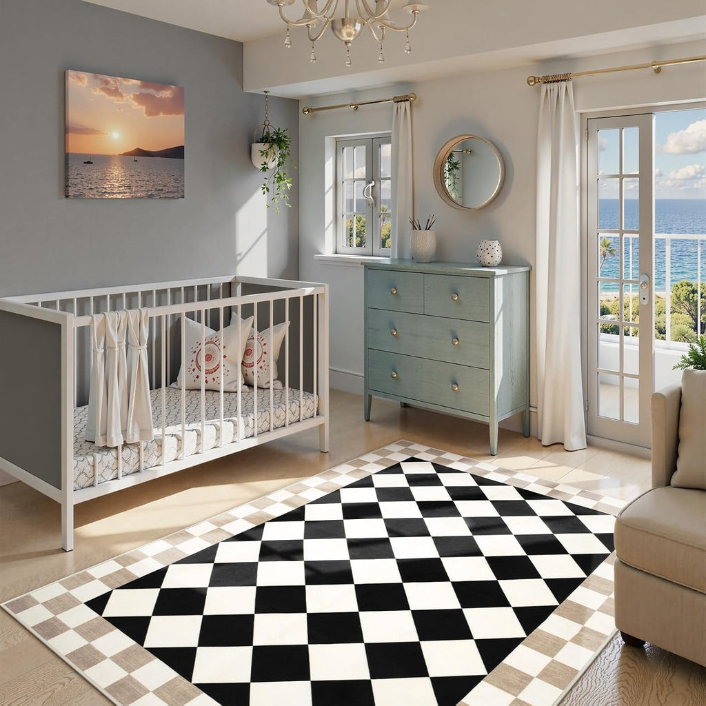 Checkered Rug, Black Washable Bedroom Area Rug Checked Kids Room Rug, Non-Slip Soft Low Pile Stain Resistant
