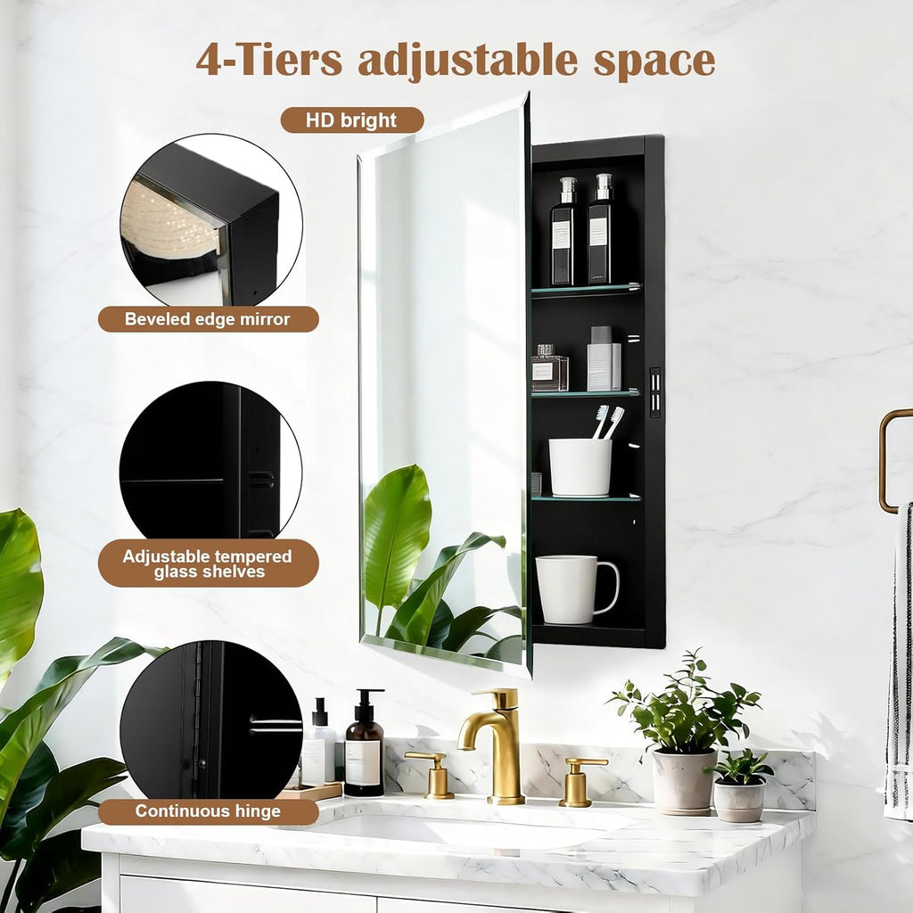 16x26'' Bathroom Medicine Cabinet Mirror with Storage, Surface Mount or Recessed Medicine Cabinet with 4-Tiered