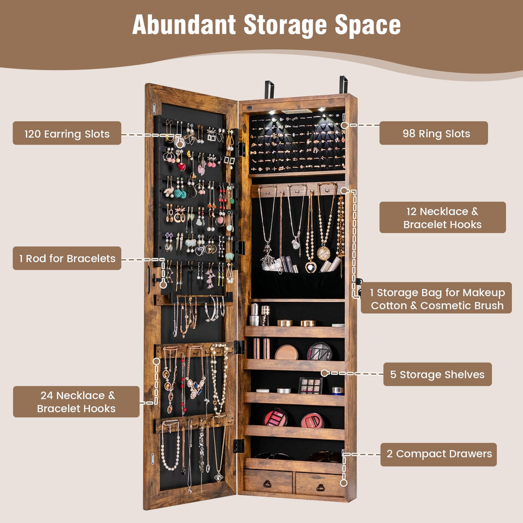 Wall Door Jewelry Armoire, 47.5" H Full Length Mirrored Jewelry Cabinet with 2 LED Lights and 2 Drawers, Lockable
