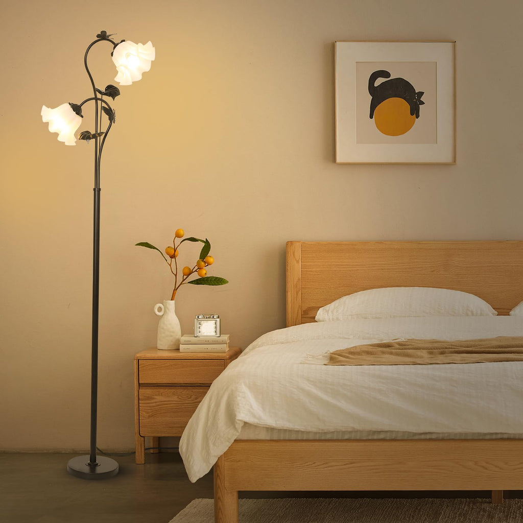 Black Floor Lamp, Flower Standing Lamp with 2 LED 5W Blubs, Foot Switch, Floral Tall Lamp with Acrylic Shade