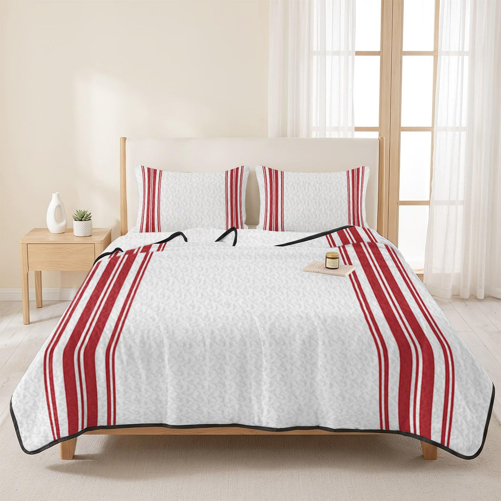 Quilt Set, 3 Piece Bedding Set Red Ticking Vertically Stripe Soft Lightweight Quilt with 2 Pillow