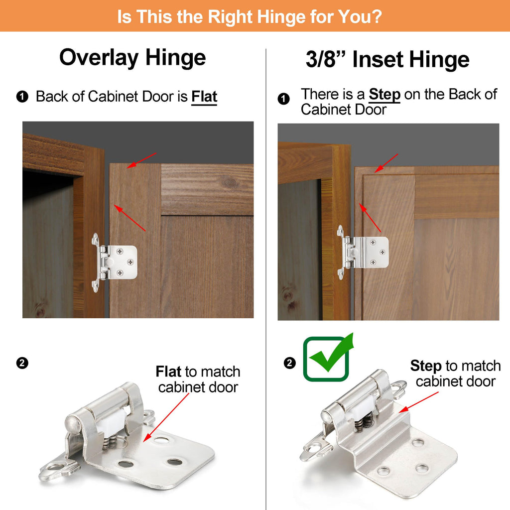 Brushed Nickel Kitchen Cabinet Hinges, 3/8" Inset, 10 Pack