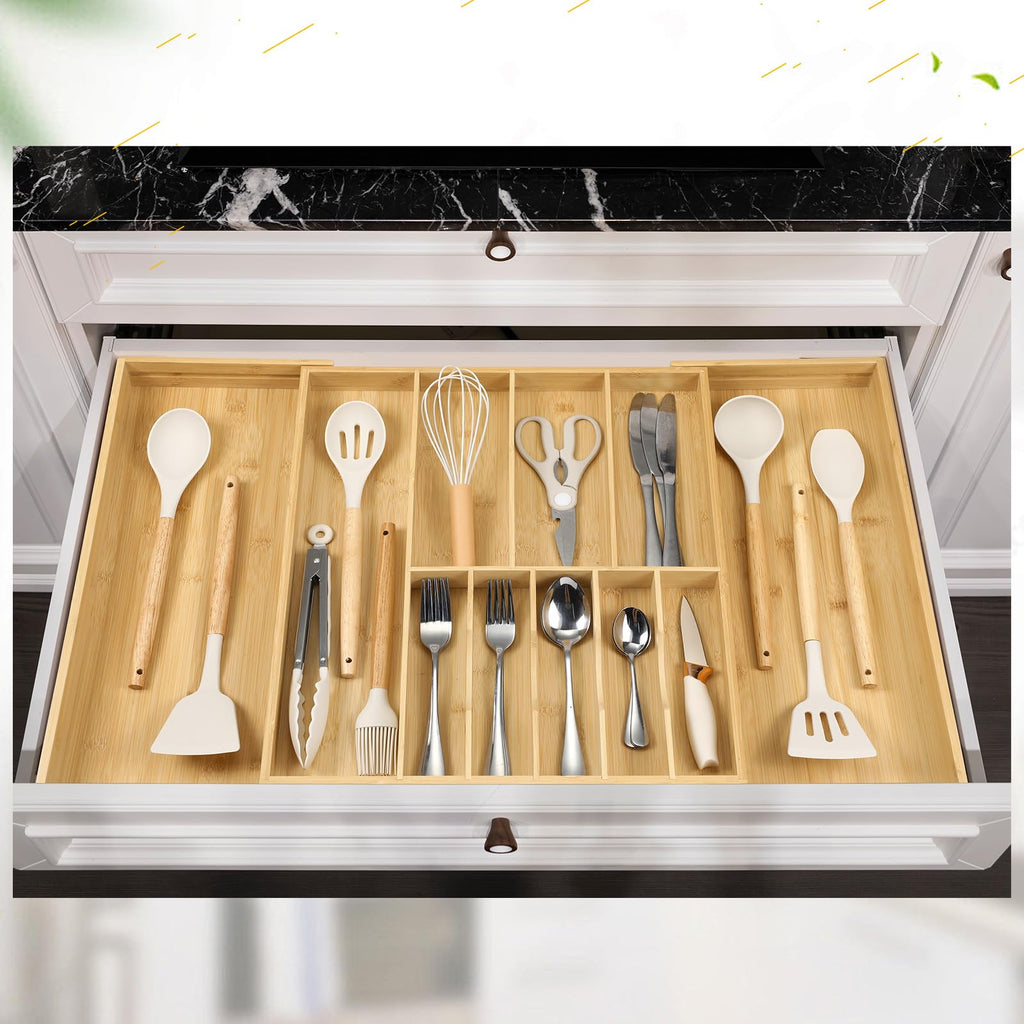 Silverware Organizer for Cabinet Drawer, Expandable from 16.7'' to 30'' Wide Bamboo Wood Flatware Tray for Large