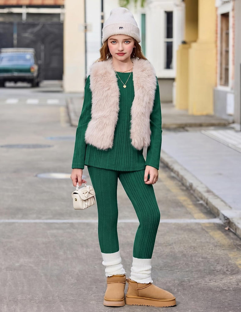 Girls 2 Piece Outfits Rib Knit Sweatshirt and Sweatpants Sweatsuit