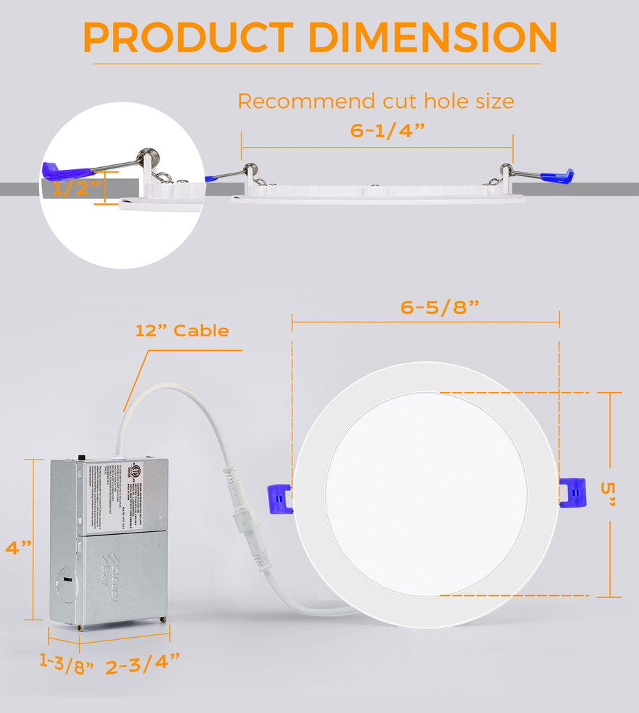 BAY 6 inch 3000K/ 4000K/ 5000K Selectable,Dimmable Recessed Lighting 15W CRI90+,Ultra Thin LED Recessed Light