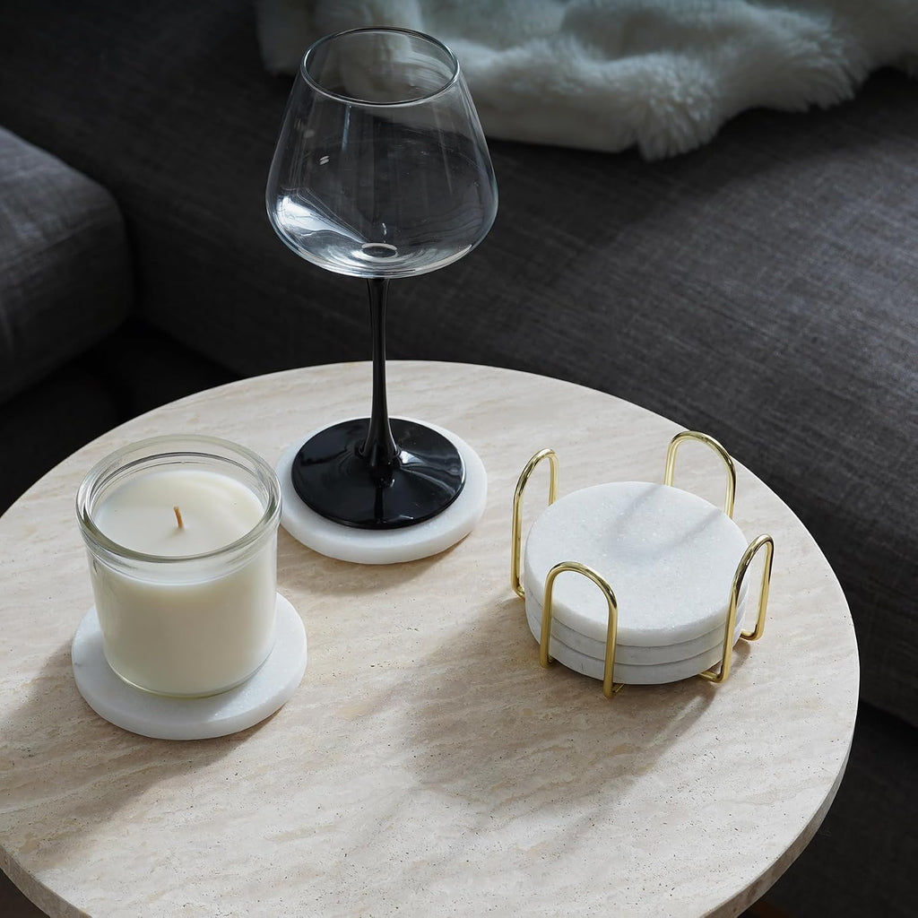 Inches Modern Shining White Marble Coasters with Gold Metal Holder, Round Natural Stone Drink Coasters - Set of 5