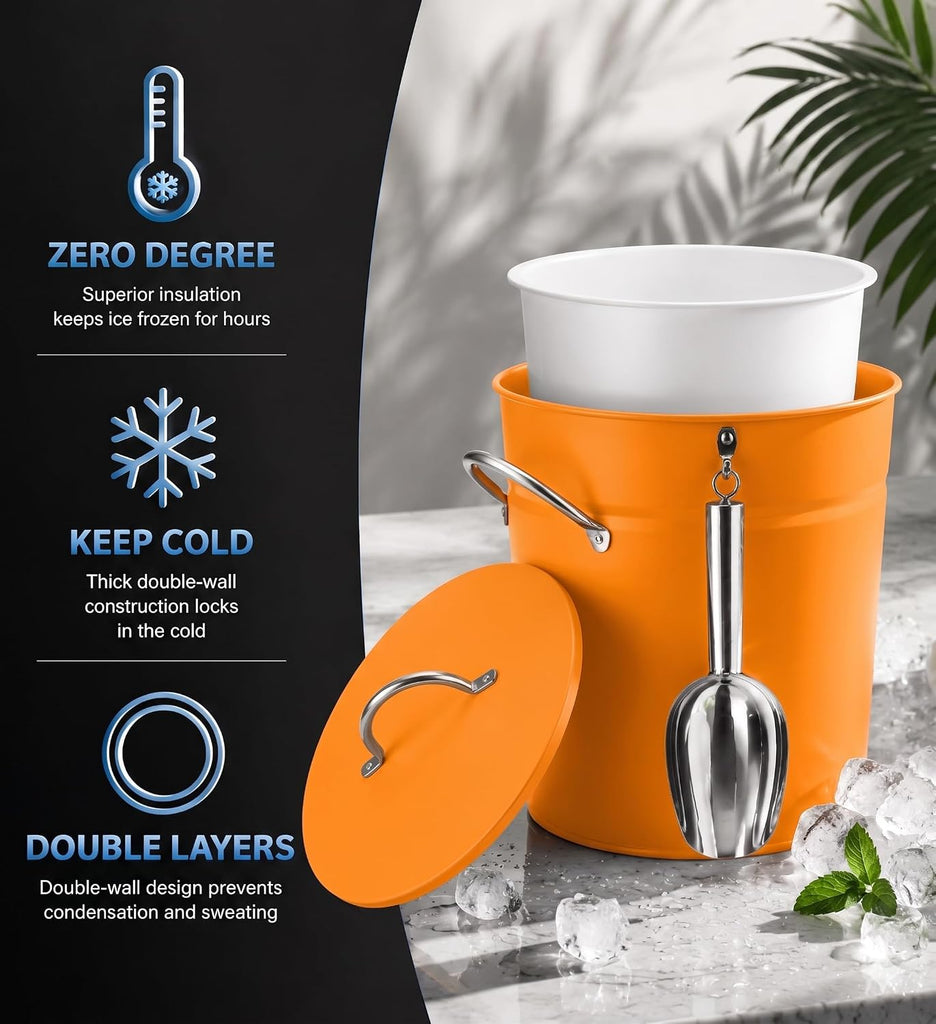 3 Qt Orange Galvanized Ice Bucket with Lid, Scoop and Handles, Insulated