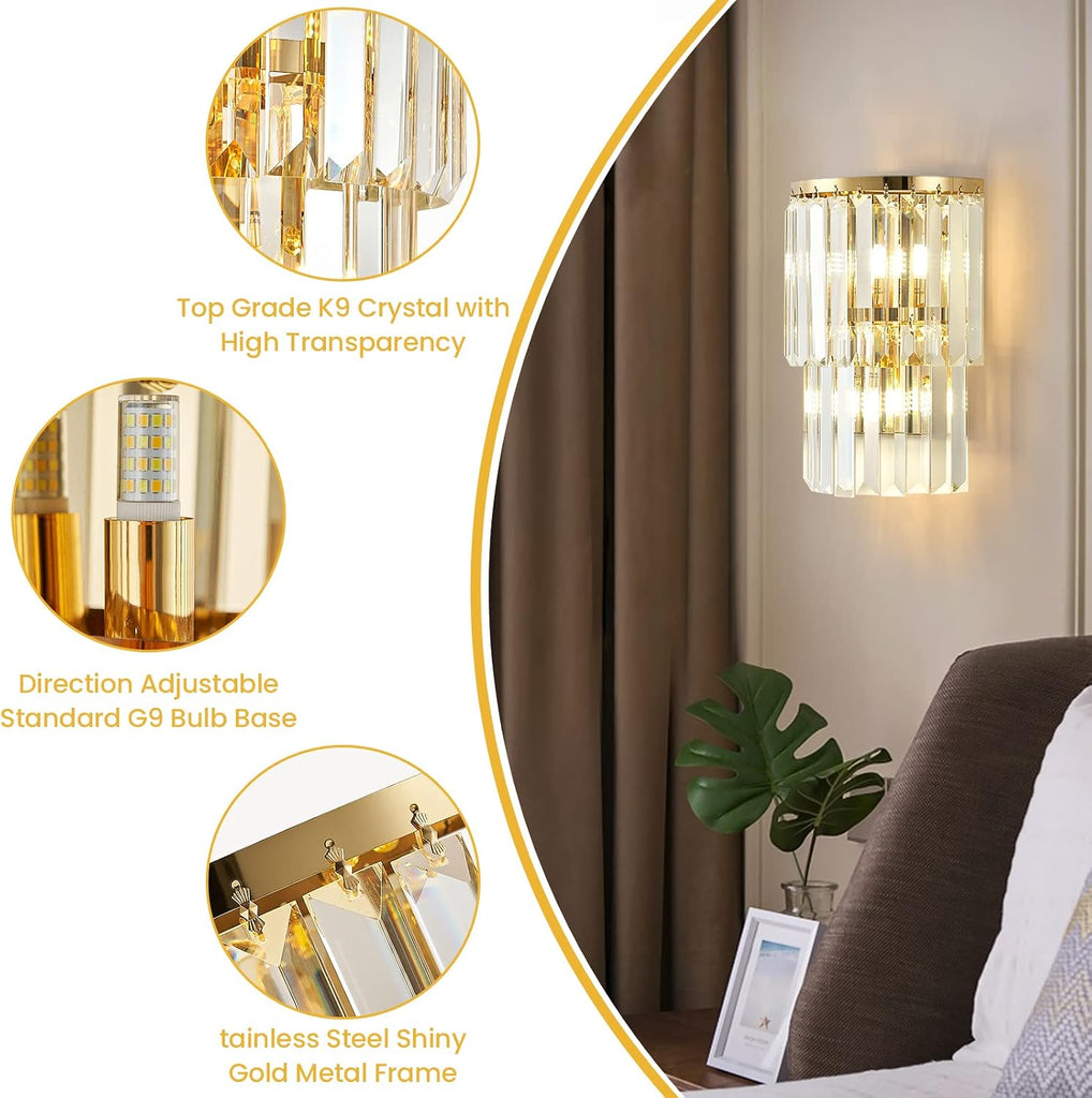2-Lights Modern Crystal Wall Light, 2-Tiers Crystal Bedside Wall Mount Lighting Fixture, Mirror Gold Stainless Steel
