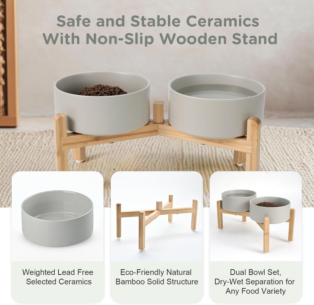 Elevated Dog Bowls Ceramic, 7.3'' Dogs Food Water Bowls Raised with Non-Slip Bamboo Stand for Medium to Large Sized